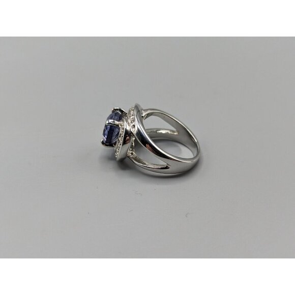 Nolan Miller Statement Ring Faux Blue Sapphire Clear Crystals Size 8 Pave - Picture 2 of 6